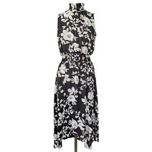 Nanette Lepore Black Floral Smocked Midi Dress 6 High Low Mock Neck Sleeveless
